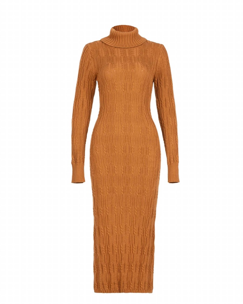 Front of a model wearing a size L Turtleneck Cable Dress In Caramel in Caramel by 525 America. | dia_product_style_image_id:345601